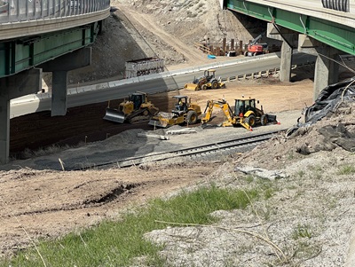 Picture showing eastbound I-80 traffic crossing over into the westbound lanes as part of the Yuba Pass Separation Overhead Bridge Project