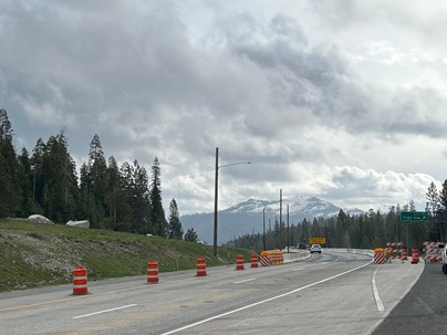 Picture showing eastbound I-80 traffic crossing over into the westbound lanes as part of the Yuba Pass Separation Overhead Bridge Project