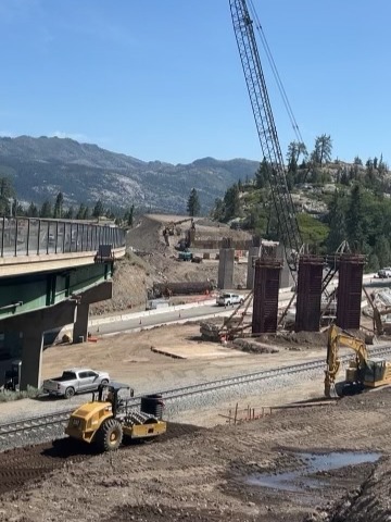 Construction crews working on new pillars for bridge along Interstate 80 at the junction with State Route 20 in the Sierra Nevada.