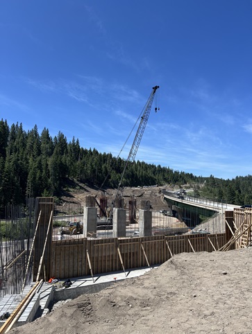 Construction crews working on new pillars for bridge along Interstate 80 at the junction with State Route 20 in the Sierra Nevada.