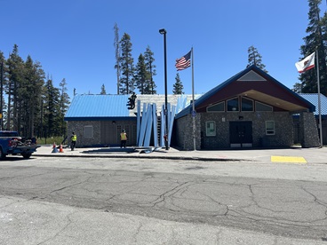 Crews working on the roof of the Donner Summit Rest Area along Interstate 80.