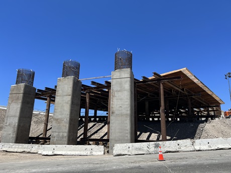 Falsework constructed along Interstate 80 in the Sierra Nevada as part of the new Yuba Pass Separation Overhead Bridge.