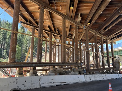 Falsework installed along the new eastbound bridge span along Interstate 80 at the junction with State Route 20.