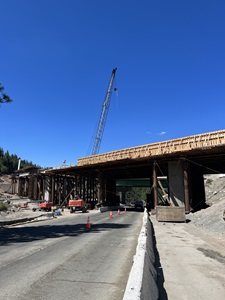 Falsework installed along the new eastbound bridge span along Interstate 80 at the junction with State Route 20.