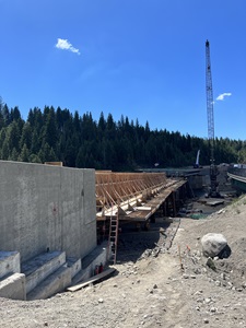 Falsework installed along the new eastbound bridge span along Interstate 80 at the junction with State Route 20.