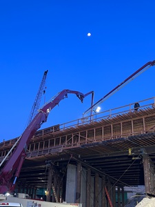 Concrete work starts along eastbound bridge span along Interstate 80 at the junction with State Route 20 in the Sierra Nevada.