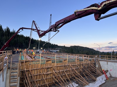 Concrete work starts along eastbound bridge span along Interstate 80 at the junction with State Route 20 in the Sierra Nevada.