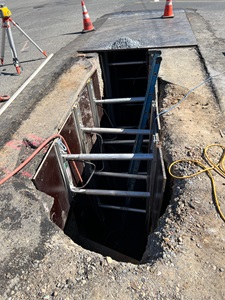 Sewer utility relocation along State Route 49 at the intersection of Lincoln Way/Borland Avenue.