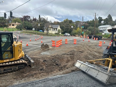 Intersection of State Route 49 and Lincoln Way/Borland Avenue in Auburn were crews are setting up to construct a new roundabout.