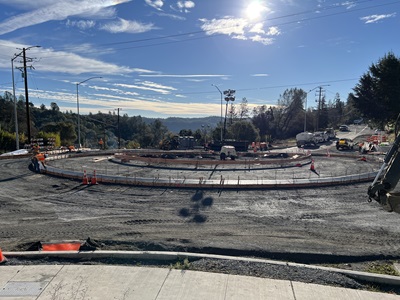 Roundabout construction along State Route 49 at Lincoln Way/Borland Avenue.