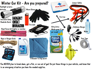 Winter emergency kit for your vehicle, showing the various items to pack including flashlight, batteries, blanket, water, gloves etc.