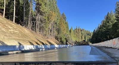 Crews placing new concrete in the median along Interstate 80 near Dutch Flat/Monte Vista which will create the space needed for the eastbound truck climbing lane.