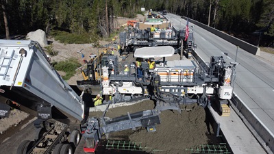 Concrete slip form paver along Interstate 80 in the Sierra Nevada.