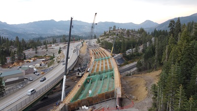 Drone picture of the eastbound bridge under construction along Interstate 80 near Yuba Gap.