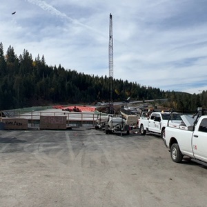 Crews working along Interstate 80 near the junction of State Route 20 as part of the Yuba Pass Separation Overhead Bridge Project.