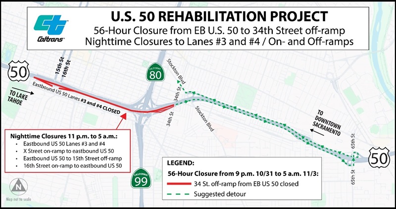 Detour map along eastbound U.S. 50 in Sacramento County as part of the Fix 50 Project.