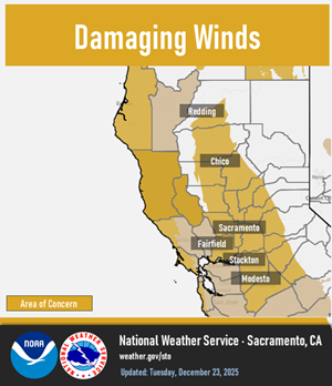 Weather map showing where strong winds are forecast Tuesday, December 23 through Thursday, December, 25.