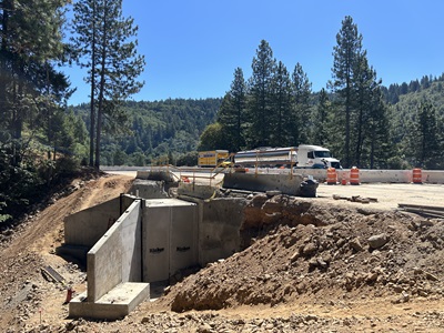 Freshly poured wingwalls to the wildlife crossing along Interstate 80 near Dutch Flat in the Sierra Nevada.