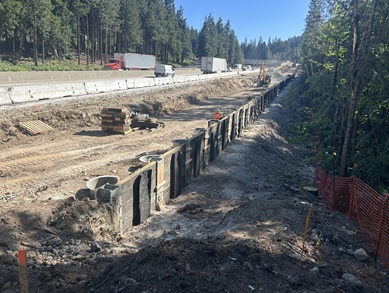 Crews working on three soldier pile retaining walls along eastbound Interstate 80 near Baxter as part of the Monte Vista Pavement Rehabilitation Project.
