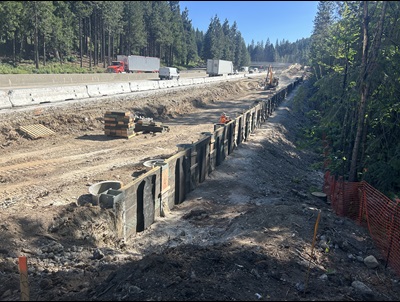 Crews working on three soldier pile retaining walls along eastbound Interstate 80 near Baxter as part of the Monte Vista Pavement Rehabilitation Project.
