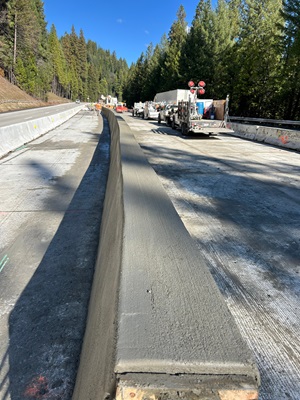Crews placing 6,000 lineal feet of concrete median along I-80 as part of the Monte Vista Pavement Rehabilitation Project.