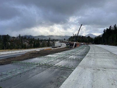 Eastbound I-80 near the junction of State Route 20 where crews are constructing new bridge span.