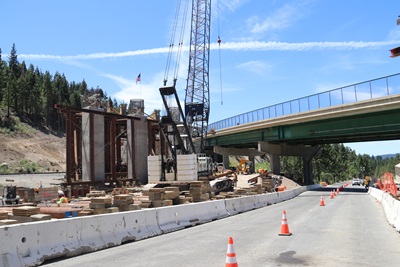 Falsework installation for the new eastbound bridge along Interstate 80 at the junction with State Route 20 in the Sierra Nevada.