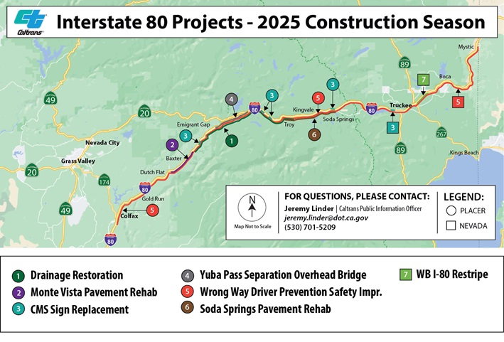 Map of the Interstate 80 corridor stretching from Colfax to the Nevada state line indicating the various different construction projects scheduled for the 2025 season.