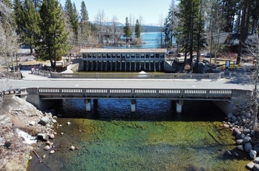 Aerial view of the Fanny Bridge in Tahoe City 