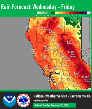 Weather map showing forecast rain accumulation across the the Sacramento Valley.