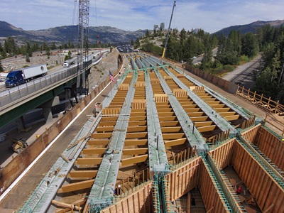 Concrete work along new eastbound bridge span at the junction of Interstate 80 and State Route 20 in the Sierra Nevada.
