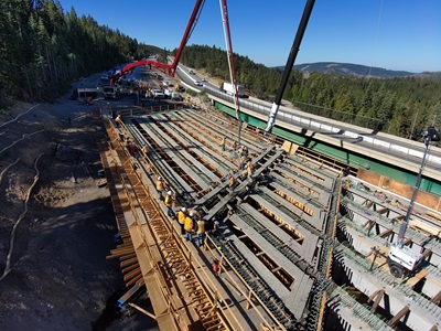 Concrete work for new eastbound bridge along Interstate 80 at the junction of State Route 20, as part of the Yuba Pass Separation Overhead Bridge Project.