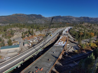 Bridge construction along Interstate 80 near the junction with State Route 20 in the Sierra Nevada.