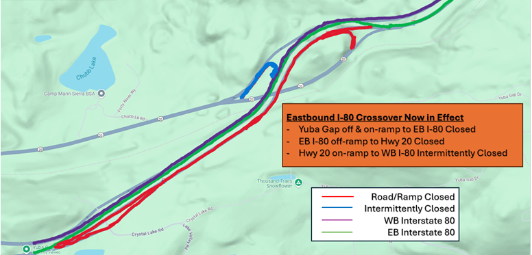 Map showing the crossover of eastbound Interstate 80 onto the westbound lanes near Yuba Gap, and various ramp closures as part of the Yuba Pass Separation Overhead Bridge Project.