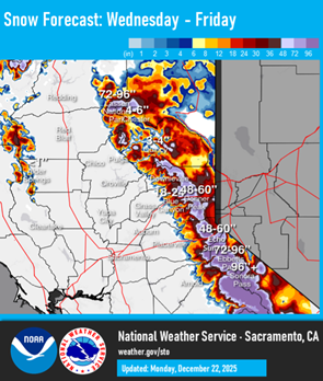 Weather map showing forecast snow accumulation across the Sierra Nevada.