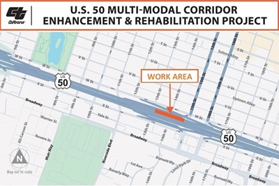 Map showing work area along U.S. Highway 50 in Sacramento County, between 26th Street and 10th Street.