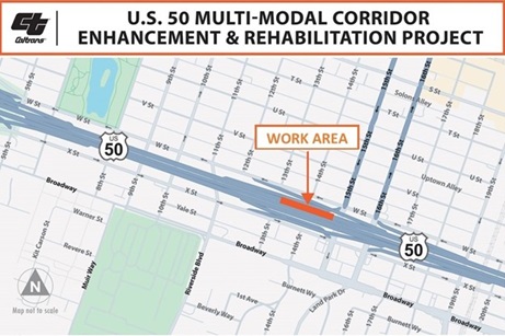 Map showing work area along U.S. Highway 50 in Sacramento County, between 26th Street and 10th Street.