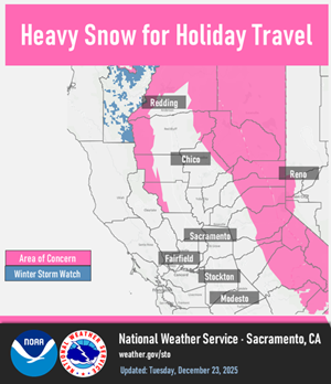 Weather map showing Winter Storm Warning active Thursday, December 23 through Friday, December 26.