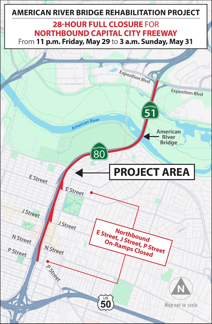28-Hour Full Freeway Closure Scheduled on Northbound Capital City Freeway at American River Bridge
