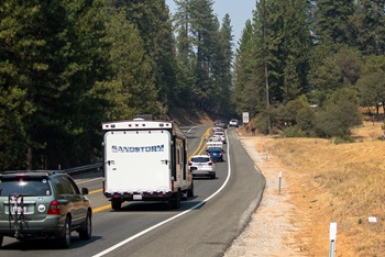 Traffic along State Route 49 south of Grass Valley, navigating the two lane segment with no room to safely pass slow moving vehicles.