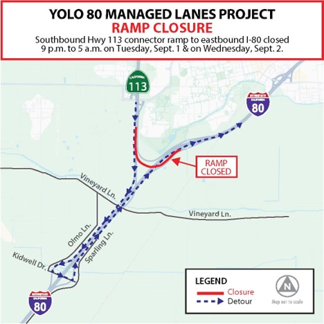 Southbound State Route 113 to Eastbound Interstate 80 Connector Closure Scheduled Map