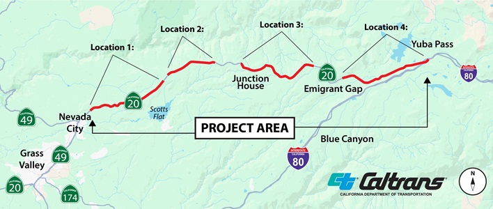 A map showing Caltrans project area along State Route 20 between Nevada City and Yuba Pass. A red line highlights four project locations along the route. Nearby cities and highways are labeled, including Grass Valley, Blue Canyon, and major routes such as State Routes 20, 49, 174, and Interstate 80. The Caltrans logo appears in the lower right corner, along with a north arrow indicating map orientation.