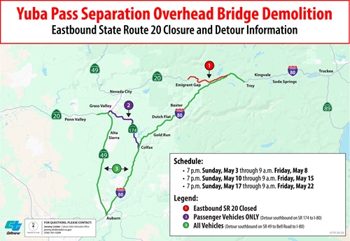 Detour map for the Yuba Pass Separation Overhead Bridge Demolition showing alternate routes around an eastbound State Route 20 closure. The map highlights closure points, detours for passenger vehicles and all vehicles, nearby highways including SR 20, SR 49, SR 174, and I‑80, and includes a schedule of closure dates.