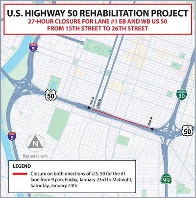 Construction map showing closure of eastbound and westbound #1 lane as part of the Fix50 project.