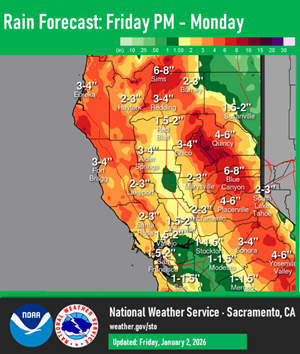 Rain estimates for Northern California, January 2 through January 5.