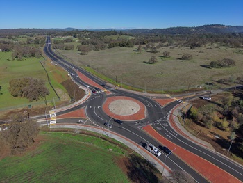 New roundabout along State Route 49 at Lorsenson Rd/Florence Lane in Placer County, part of a newly completed safety barrier project.
