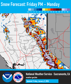 Snow estimates for Northern California, January 2 through January 5.