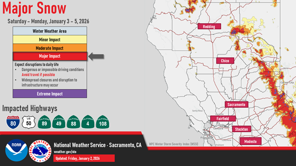 National Weather Service map showing area of major impact due to winter weather, January 3 through January 5.