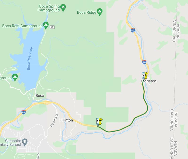Map of Highway 80 circling around the east of Boca Reservoir and then going south.