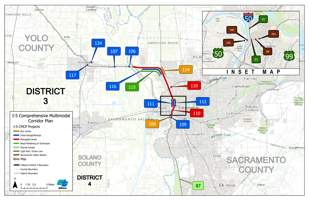 Map of I-5 Comprehensive Multimodal Corridor Plan showing the various individual projects in Sacramento and Yolo Counties.